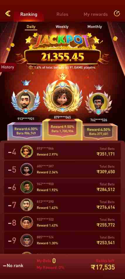 91 Game slot gameplay screen with spinning reels and jackpot win