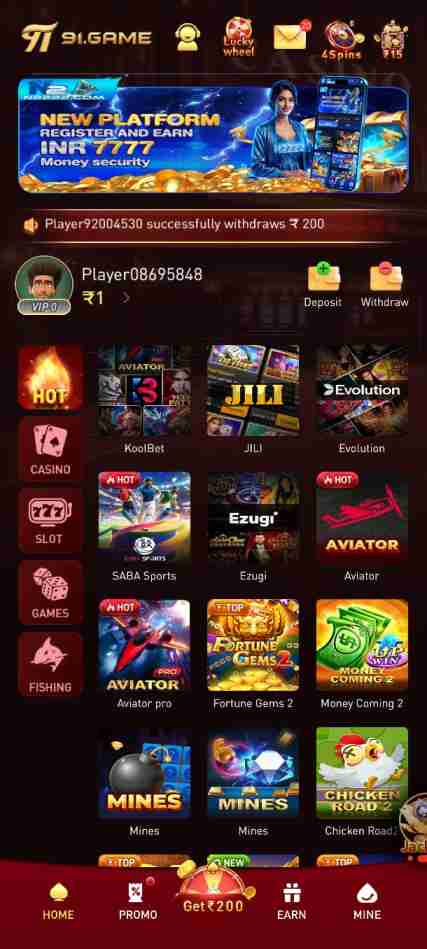 91 Game earning dashboard showing wallet balance and bonus rewards